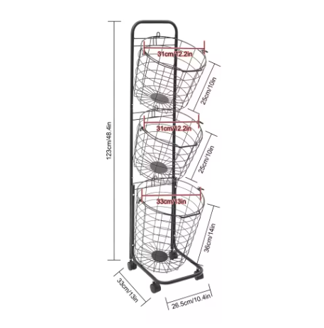 3-laags Metaaldraad Wasmand met Wielen – Zwart, Verwijderbare Manden, Vloerstaand