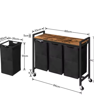 3-Compartiment Wasmand met Deksel – 3 × 40 L, Verrijdbaar en Praktisch