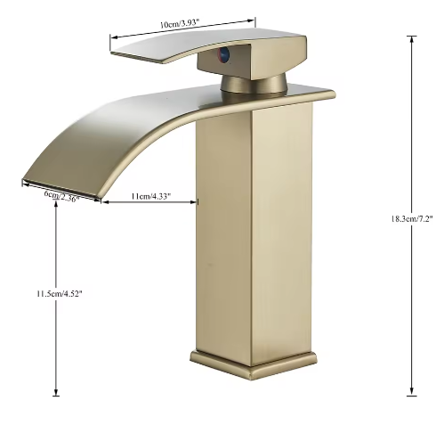 Geborsteld Gouden Wastafelkraan – Elegante Waterval Badkamerkraan met Enkele Hendel