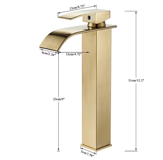 Geborsteld Gouden Wastafelkraan – Elegante Waterval Badkamerkraan met Enkele Hendel