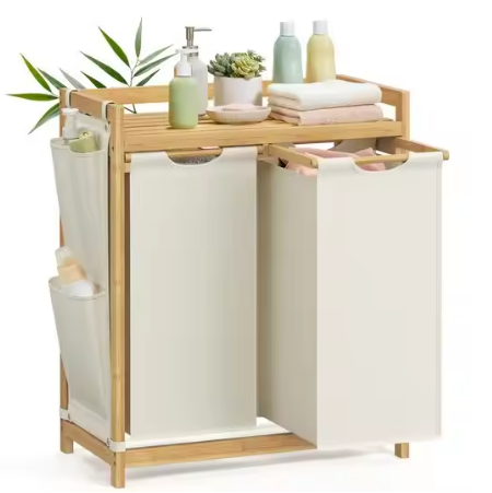 Wasmand met 2 Compartimenten en Opbergplank – Bamboe Frame 100 L