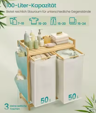 Wasmand met 2 Compartimenten en Opbergplank – Bamboe Frame 100 L