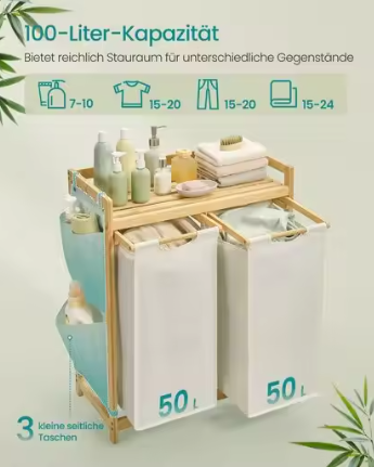 Wasmand met 2 Compartimenten en Opbergplank – Bamboe Frame 100 L