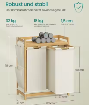 Wasmand met 2 Compartimenten en Opbergplank – Bamboe Frame 100 L