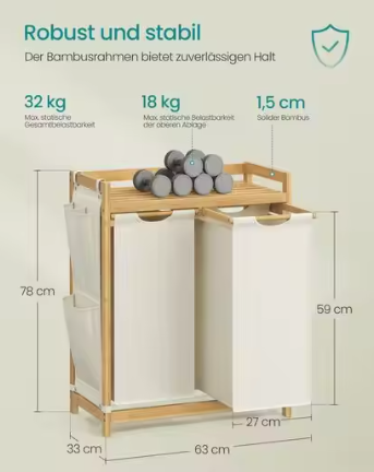 Wasmand met 2 Compartimenten en Opbergplank – Bamboe Frame 100 L