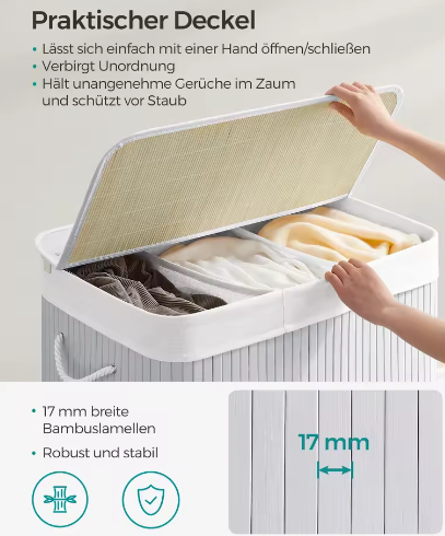 Wasmand van Bamboe met Deksel en 3 Sorteervakken – 150 L