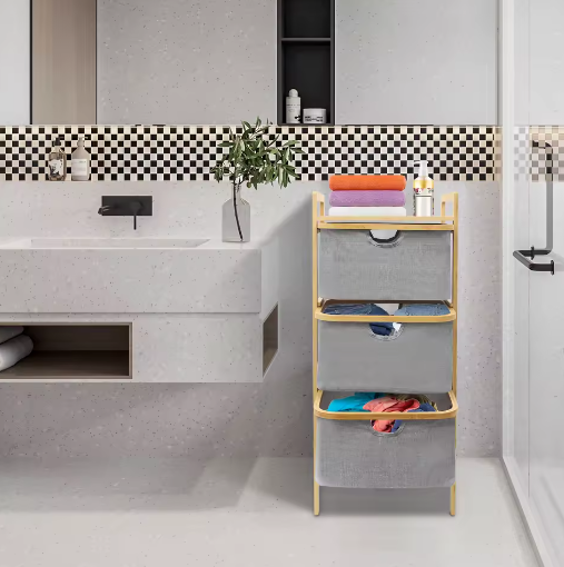 3-Laags Bamboe Wasmand met Laden en Opbergplateau – Ruimtebesparend