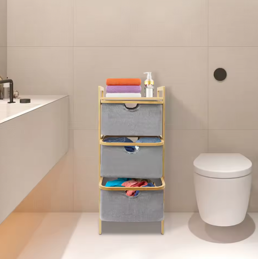 3-Laags Bamboe Wasmand met Laden en Opbergplateau – Ruimtebesparend