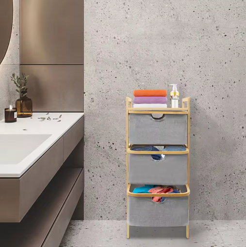 3-Laags Bamboe Wasmand met Laden en Opbergplateau – Ruimtebesparend