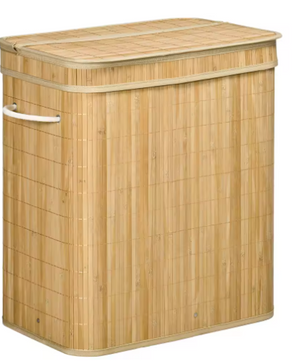 Bamboe Wasmand met Deksel en Handgrepen – 90L, 2 Compartimenten