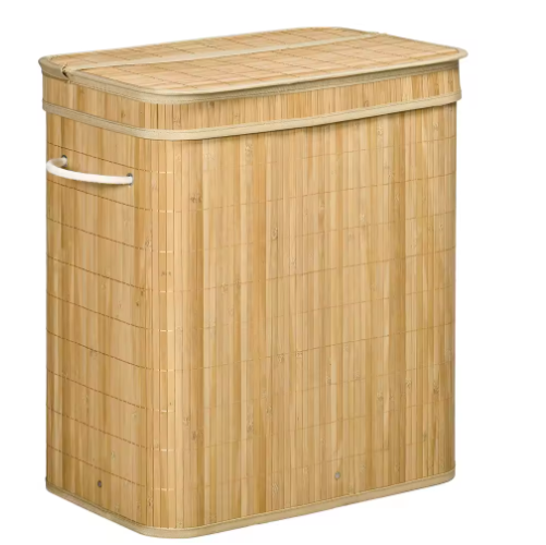 Bamboe Wasmand met Deksel en Handgrepen – 90L, 2 Compartimenten