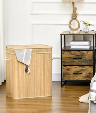 Bamboe Wasmand met Deksel en Handgrepen – 90L, 2 Compartimenten