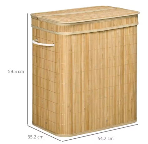 Bamboe Wasmand met Deksel en Handgrepen – 90L, 2 Compartimenten