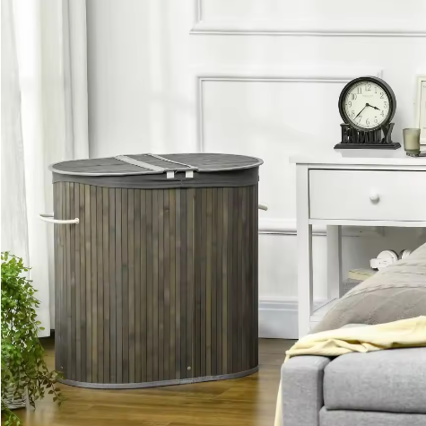 Bamboe Wasmand met Deksel – 100L, 2 Vakken en Uitneembare Waszakken