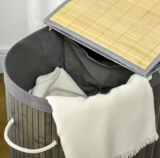 Bamboe Wasmand met Deksel – 100L, 2 Vakken en Uitneembare Waszakken