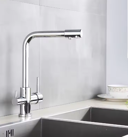 3-Weg Keukenkraan met Filter – Messing, Warm en Koud, Dubbele Hendel