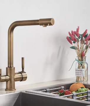 3-Weg Keukenkraan met Filter – Messing, Warm en Koud, Dubbele Hendel