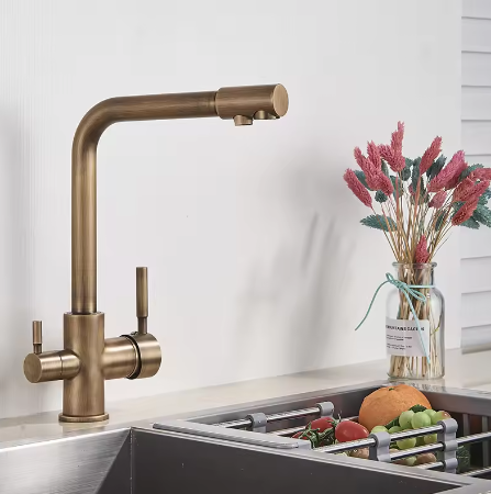 3-Weg Keukenkraan met Filter – Messing, Warm en Koud, Dubbele Hendel