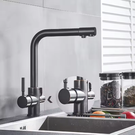 3-Weg Keukenkraan met Filter – Messing, Warm en Koud, Dubbele Hendel