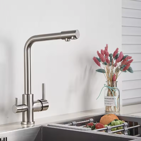 3-Weg Keukenkraan met Filter – Messing, Warm en Koud, Dubbele Hendel
