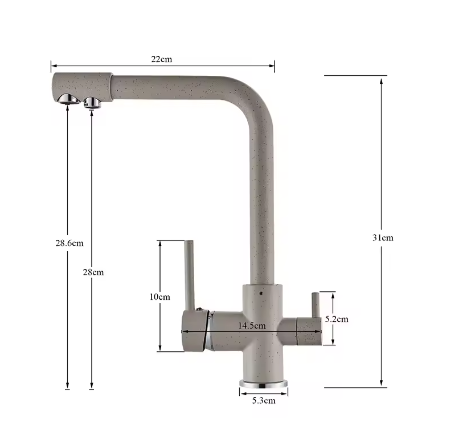 3-Weg Keukenkraan met Filter – Messing, Warm en Koud, Dubbele Hendel