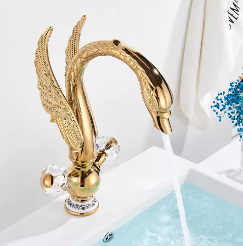 Messing Zwarte Gouden Zwaan Wastafel Kraan – Warm en Koud