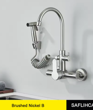 Keukenkranen Roestvrij Staal – Wandmontage Mengkraan met Spuitpistool