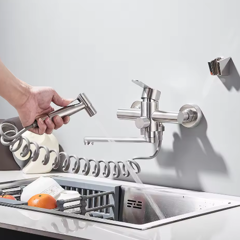 Keukenkranen Roestvrij Staal – Wandmontage Mengkraan met Spuitpistool