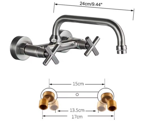 Antiek Messing Wastafelkraan Wandmontage – Mengkraan Warm en Koud met 360° Uitloop