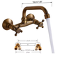 Antiek Messing Wastafelkraan Wandmontage – Mengkraan Warm en Koud met 360° Uitloop
