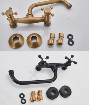 Antiek Messing Wastafelkraan Wandmontage – Mengkraan Warm en Koud met 360° Uitloop