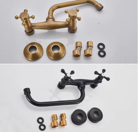 Antiek Messing Wastafelkraan Wandmontage – Mengkraan Warm en Koud met 360° Uitloop