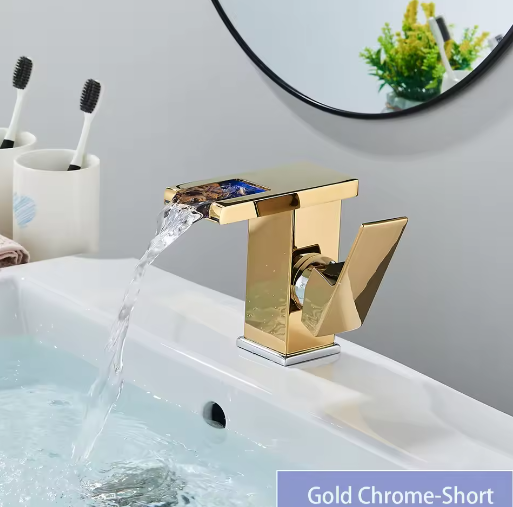 LED Badkamer Wastafelkraan Messing – Waterval Mengkraan Warm en Koud met Enkele Hendel