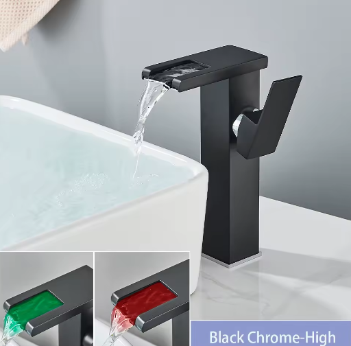 LED Badkamer Wastafelkraan Messing – Waterval Mengkraan Warm en Koud met Enkele Hendel