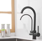 Zwarte Messing Keukenkraan met Waterfilter – 3-Weg Mengkraan Warm en Koud