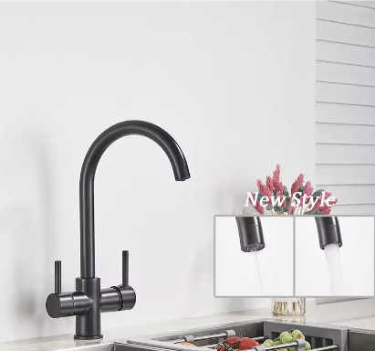 Zwarte Messing Keukenkraan met Waterfilter – 3-Weg Mengkraan Warm en Koud
