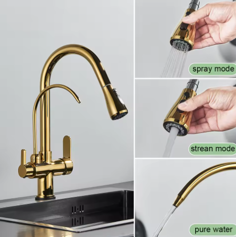 Antieke Keukenkraan met Uittrekbare Uitloop – Warm en Koud Mengkraan van Messing