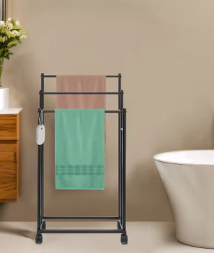 Vrijstaande 3-Rail Handdoekhouder met Wielen – Metalen Handdoekenrek Staand, Modern Zwart
