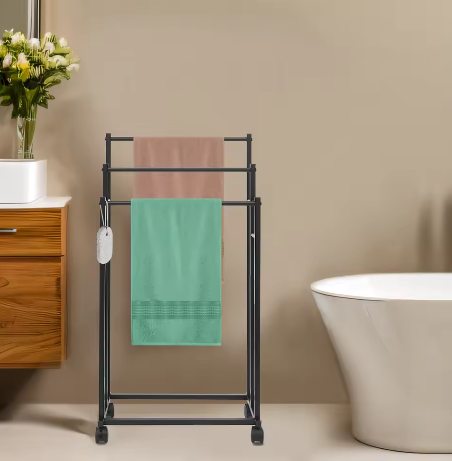Vrijstaande 3-Rail Handdoekhouder met Wielen – Metalen Handdoekenrek Staand, Modern Zwart