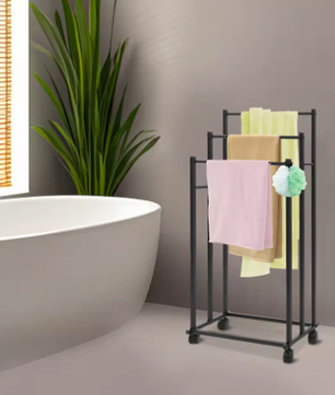 Vrijstaande 3-Rail Handdoekhouder met Wielen – Metalen Handdoekenrek Staand, Modern Zwart