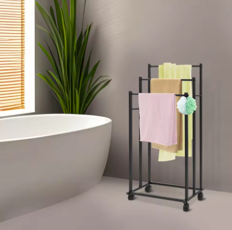 Vrijstaande 3-Rail Handdoekhouder met Wielen – Metalen Handdoekenrek Staand, Modern Zwart