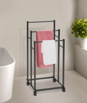 Vrijstaande 3-Rail Handdoekhouder met Wielen – Metalen Handdoekenrek Staand, Modern Zwart