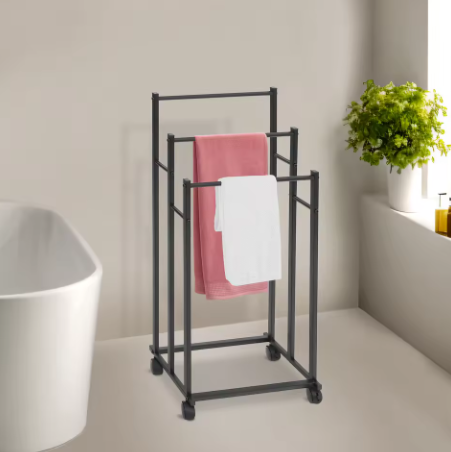 Vrijstaande 3-Rail Handdoekhouder met Wielen – Metalen Handdoekenrek Staand, Modern Zwart