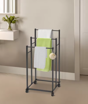 Vrijstaande 3-Rail Handdoekhouder met Wielen – Metalen Handdoekenrek Staand, Modern Zwart