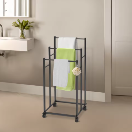 Vrijstaande 3-Rail Handdoekhouder met Wielen – Metalen Handdoekenrek Staand, Modern Zwart