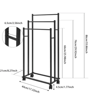 Vrijstaande 3-Rail Handdoekhouder met Wielen – Metalen Handdoekenrek Staand, Modern Zwart