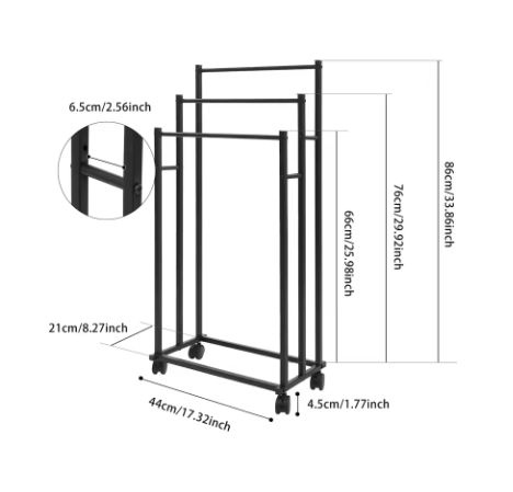 Vrijstaande 3-Rail Handdoekhouder met Wielen – Metalen Handdoekenrek Staand, Modern Zwart