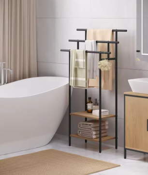 Vrijstaand Badkamer Handdoekenrek met 3 Stangen en Opbergplanken – Hout en Metaal