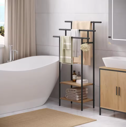 Vrijstaand Badkamer Handdoekenrek met 3 Stangen en Opbergplanken – Hout en Metaal