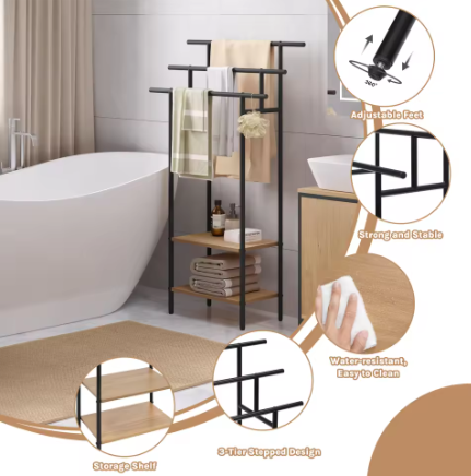 Vrijstaand Badkamer Handdoekenrek met 3 Stangen en Opbergplanken – Hout en Metaal